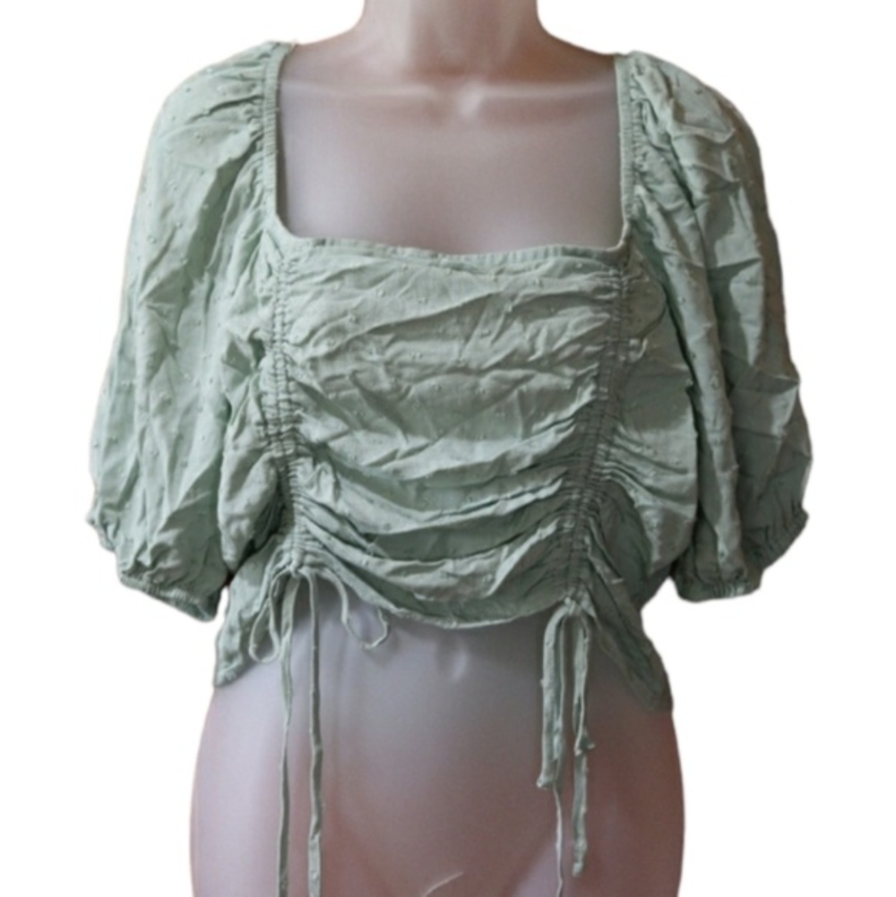 Vylette Pastel Green Cropped Smocked Corset Tie Puff Sleeve Top XXL